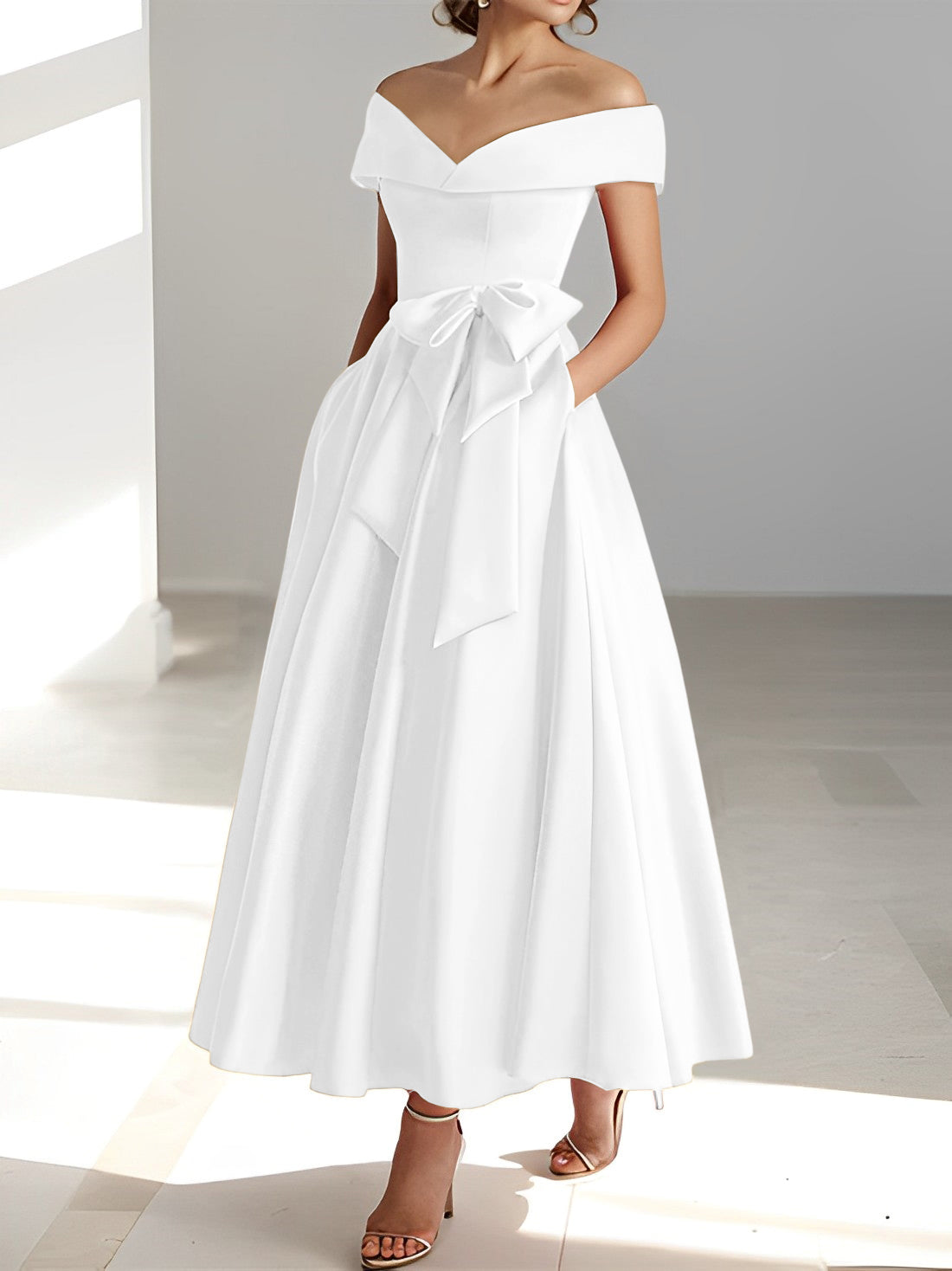 A Line Princess Off The Shoulder Sleeveless Ankle Length Mother Of The Bride Dresses With Pockets