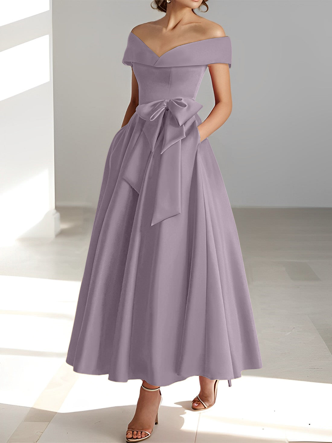 A Line Princess Off The Shoulder Sleeveless Ankle Length Mother Of The Bride Dresses With Pockets