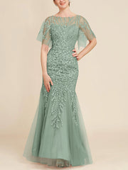 Trumpet Mermaid Scoop Half Sleeves Floor Length Mother Of The Bride Dresses With Lace