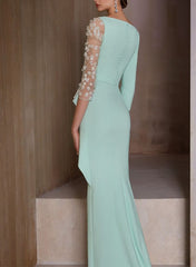 Sheath Column V Neck 3 4 Sleeves Floor Length Mother Of The Bride Dresses With Appliques