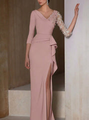 Sheath Column V Neck 3 4 Sleeves Floor Length Mother Of The Bride Dresses With Appliques