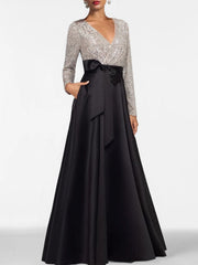 A Line Princess V Neck Long Sleeves Floor Length Mother Of The Bride Dresses With Pocket Sequins