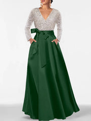 A Line Princess V Neck Long Sleeves Floor Length Mother Of The Bride Dresses With Pocket Sequins