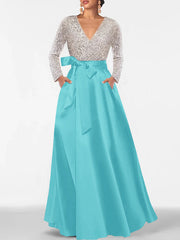 A Line Princess V Neck Long Sleeves Floor Length Mother Of The Bride Dresses With Pocket Sequins