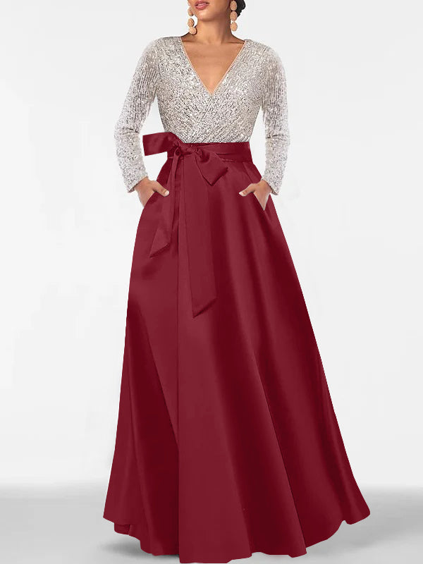 A Line Princess V Neck Long Sleeves Floor Length Mother Of The Bride Dresses With Pocket Sequins