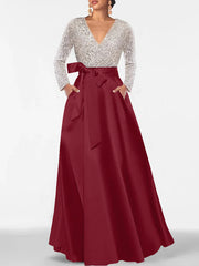 A Line Princess V Neck Long Sleeves Floor Length Mother Of The Bride Dresses With Pocket Sequins