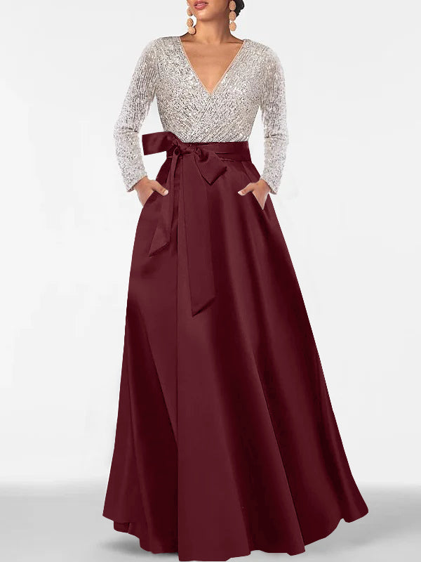 A Line Princess V Neck Long Sleeves Floor Length Mother Of The Bride Dresses With Pocket Sequins