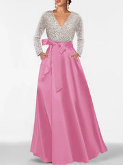 A Line Princess V Neck Long Sleeves Floor Length Mother Of The Bride Dresses With Pocket Sequins
