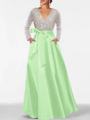 A Line Princess V Neck Long Sleeves Floor Length Mother Of The Bride Dresses With Pocket Sequins