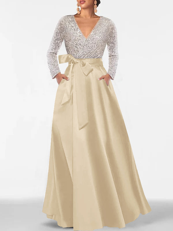 A Line Princess V Neck Long Sleeves Floor Length Mother Of The Bride Dresses With Pocket Sequins