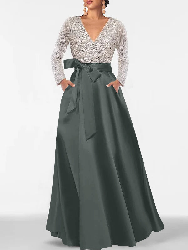A Line Princess V Neck Long Sleeves Floor Length Mother Of The Bride Dresses With Pocket Sequins