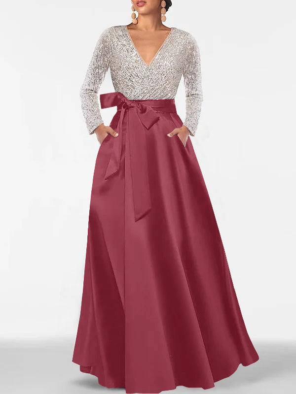 A Line Princess V Neck Long Sleeves Floor Length Mother Of The Bride Dresses With Pocket Sequins