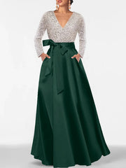 A Line Princess V Neck Long Sleeves Floor Length Mother Of The Bride Dresses With Pocket Sequins