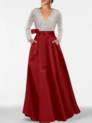 A Line Princess V Neck Long Sleeves Floor Length Mother Of The Bride Dresses With Pocket Sequins