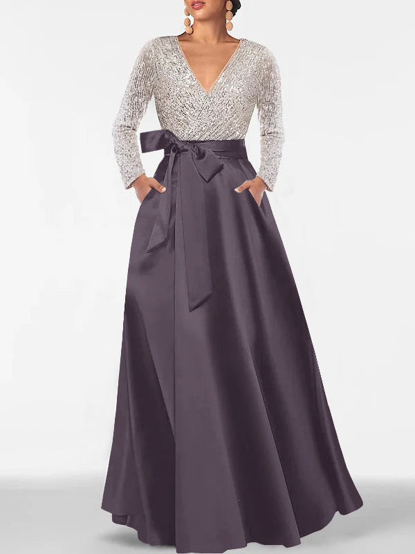 A Line Princess V Neck Long Sleeves Floor Length Mother Of The Bride Dresses With Pocket Sequins