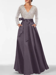 A Line Princess V Neck Long Sleeves Floor Length Mother Of The Bride Dresses With Pocket Sequins