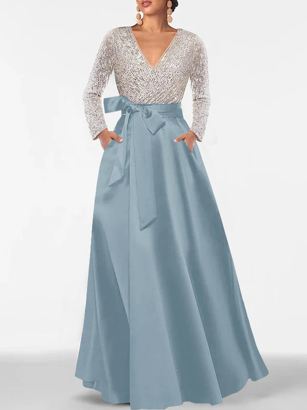 A Line Princess V Neck Long Sleeves Floor Length Mother Of The Bride Dresses With Pocket Sequins