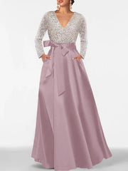 A Line Princess V Neck Long Sleeves Floor Length Mother Of The Bride Dresses With Pocket Sequins