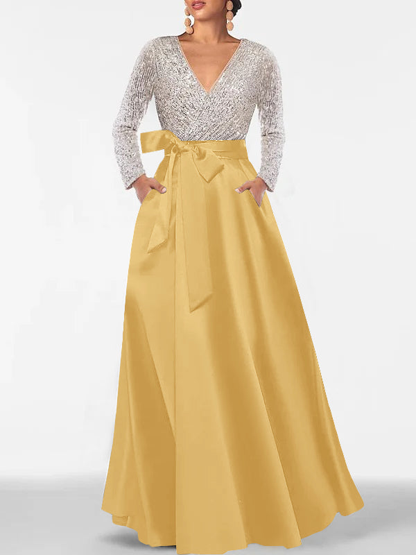 A Line Princess V Neck Long Sleeves Floor Length Mother Of The Bride Dresses With Pocket Sequins