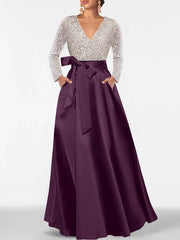 A Line Princess V Neck Long Sleeves Floor Length Mother Of The Bride Dresses With Pocket Sequins