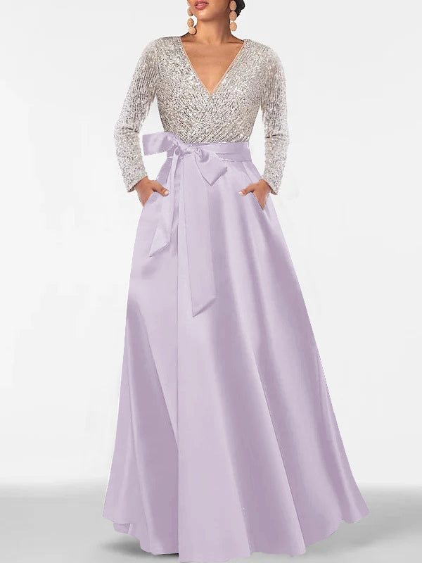 A Line Princess V Neck Long Sleeves Floor Length Mother Of The Bride Dresses With Pocket Sequins