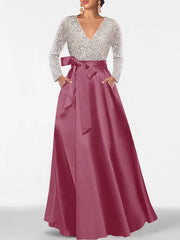 A Line Princess V Neck Long Sleeves Floor Length Mother Of The Bride Dresses With Pocket Sequins