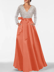 A Line Princess V Neck Long Sleeves Floor Length Mother Of The Bride Dresses With Pocket Sequins