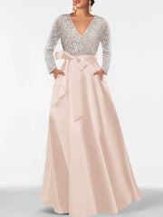 A Line Princess V Neck Long Sleeves Floor Length Mother Of The Bride Dresses With Pocket Sequins