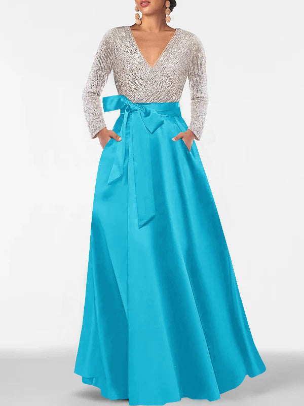A Line Princess V Neck Long Sleeves Floor Length Mother Of The Bride Dresses With Pocket Sequins
