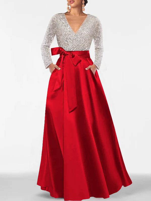A Line Princess V Neck Long Sleeves Floor Length Mother Of The Bride Dresses With Pocket Sequins
