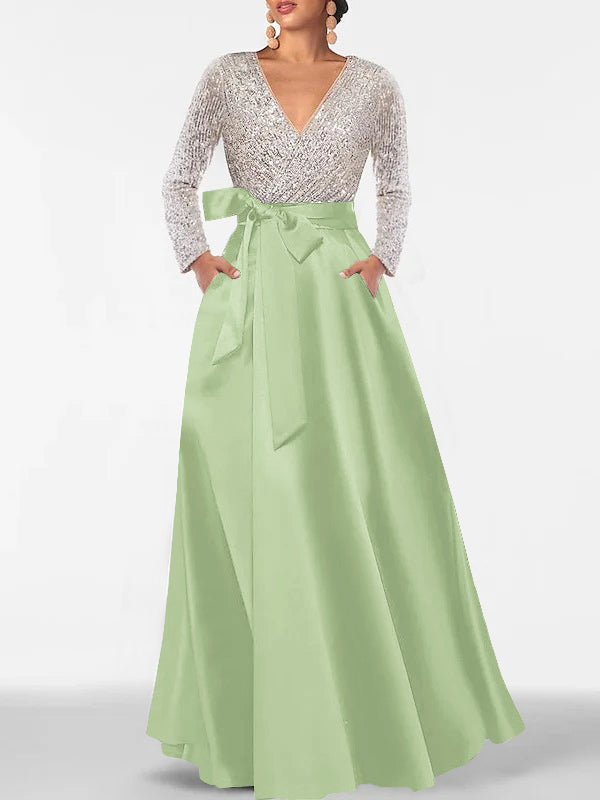 A Line Princess V Neck Long Sleeves Floor Length Mother Of The Bride Dresses With Pocket Sequins