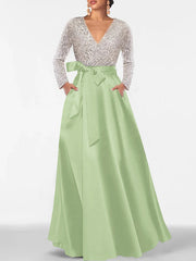 A Line Princess V Neck Long Sleeves Floor Length Mother Of The Bride Dresses With Pocket Sequins