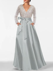 A Line Princess V Neck Long Sleeves Floor Length Mother Of The Bride Dresses With Pocket Sequins