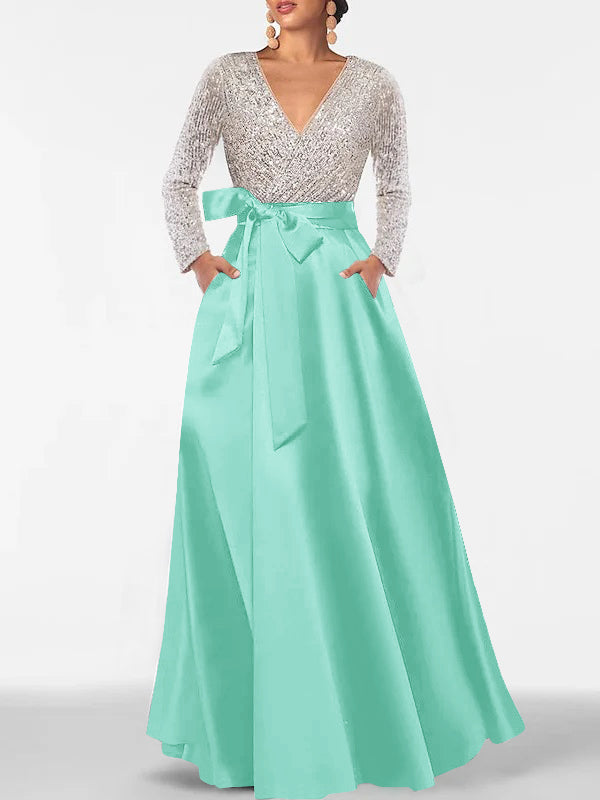 A Line Princess V Neck Long Sleeves Floor Length Mother Of The Bride Dresses With Pocket Sequins