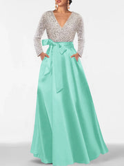 A Line Princess V Neck Long Sleeves Floor Length Mother Of The Bride Dresses With Pocket Sequins