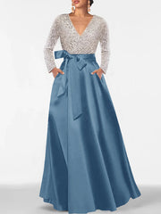 A Line Princess V Neck Long Sleeves Floor Length Mother Of The Bride Dresses With Pocket Sequins