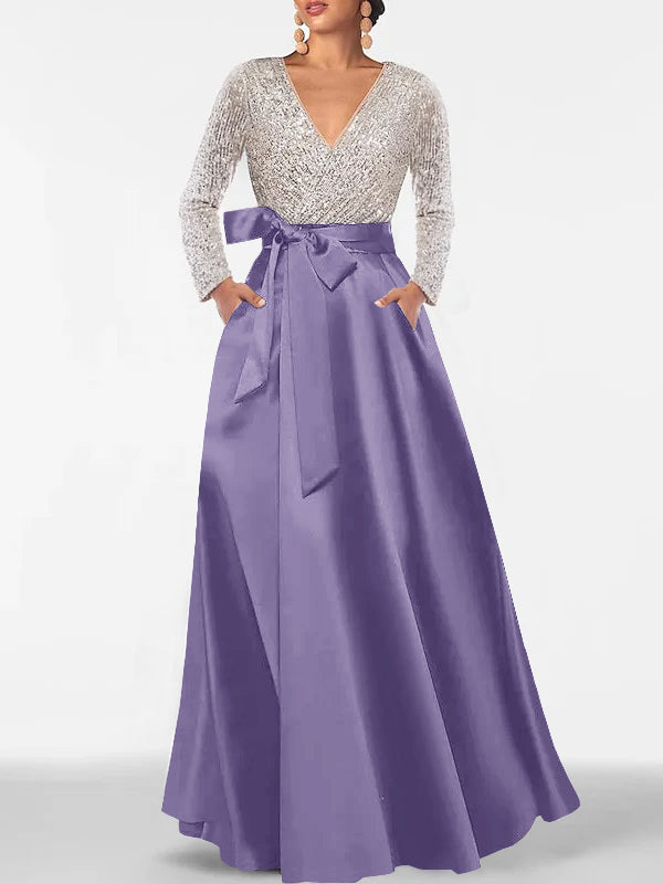 A Line Princess V Neck Long Sleeves Floor Length Mother Of The Bride Dresses With Pocket Sequins