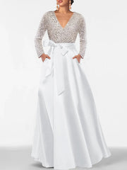 A Line Princess V Neck Long Sleeves Floor Length Mother Of The Bride Dresses With Pocket Sequins