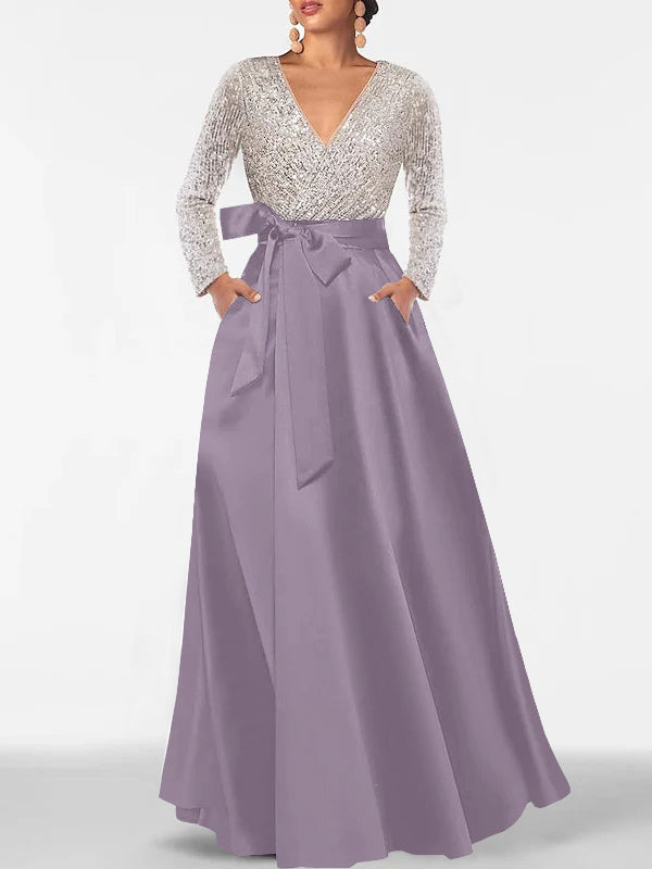 A Line Princess V Neck Long Sleeves Floor Length Mother Of The Bride Dresses With Pocket Sequins
