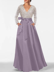 A Line Princess V Neck Long Sleeves Floor Length Mother Of The Bride Dresses With Pocket Sequins