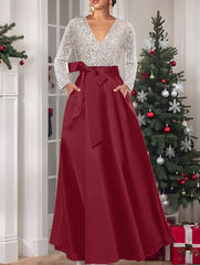 A Line Princess V Neck Long Sleeves Floor Length Mother Of The Bride Dresses With Pocket Sequins