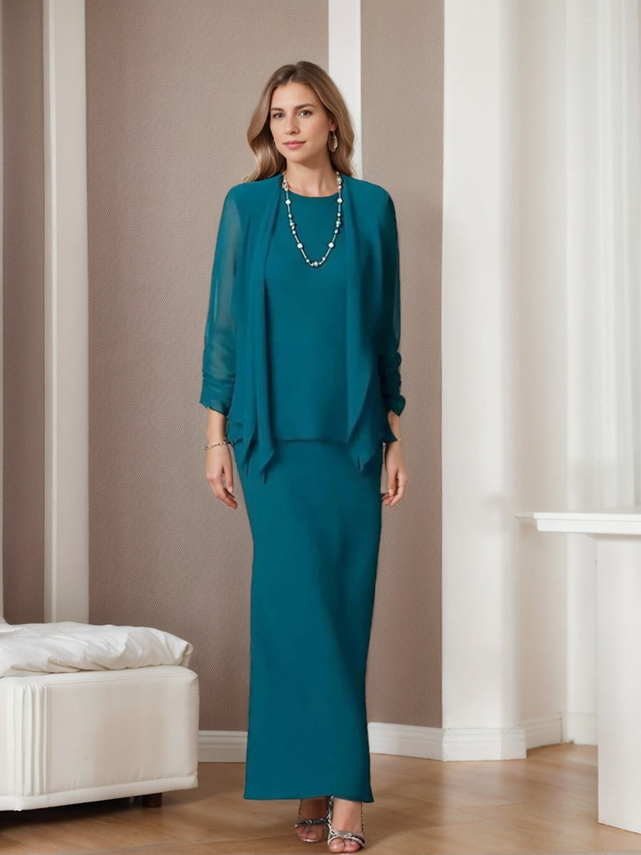 3 Piece Dress Set Sheath Column Scoop Neck Long Sleeves Floor Length Mother Of The Bride Dresses With Jacket