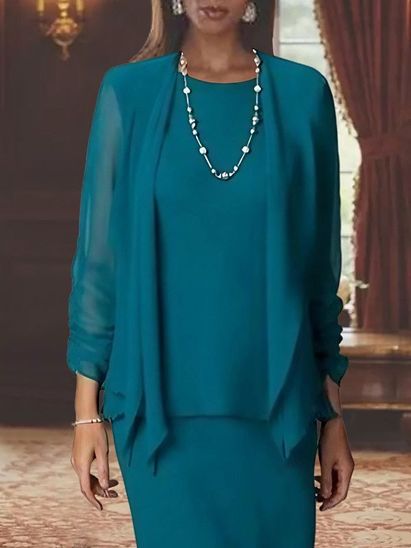 3 Piece Dress Set Sheath Column Scoop Neck Long Sleeves Floor Length Mother Of The Bride Dresses With Jacket