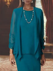 3 Piece Dress Set Sheath Column Scoop Neck Long Sleeves Floor Length Mother Of The Bride Dresses With Jacket