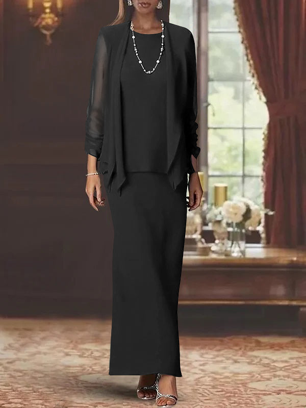 3 Piece Dress Set Sheath Column Scoop Neck Long Sleeves Floor Length Mother Of The Bride Dresses With Jacket