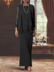 3 Piece Dress Set Sheath/Column Scoop Neck Long Sleeves Floor-Length Mother of the Bride Dresses with Jacket
