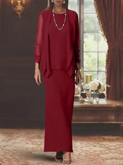 3 Piece Dress Set Sheath/Column Scoop Neck Long Sleeves Floor-Length Mother of the Bride Dresses with Jacket