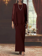 3 Piece Dress Set Sheath Column Scoop Neck Long Sleeves Floor Length Mother Of The Bride Dresses With Jacket