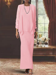 3 Piece Dress Set Sheath Column Scoop Neck Long Sleeves Floor Length Mother Of The Bride Dresses With Jacket