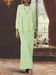 3 Piece Dress Set Sheath Column Scoop Neck Long Sleeves Floor Length Mother Of The Bride Dresses With Jacket